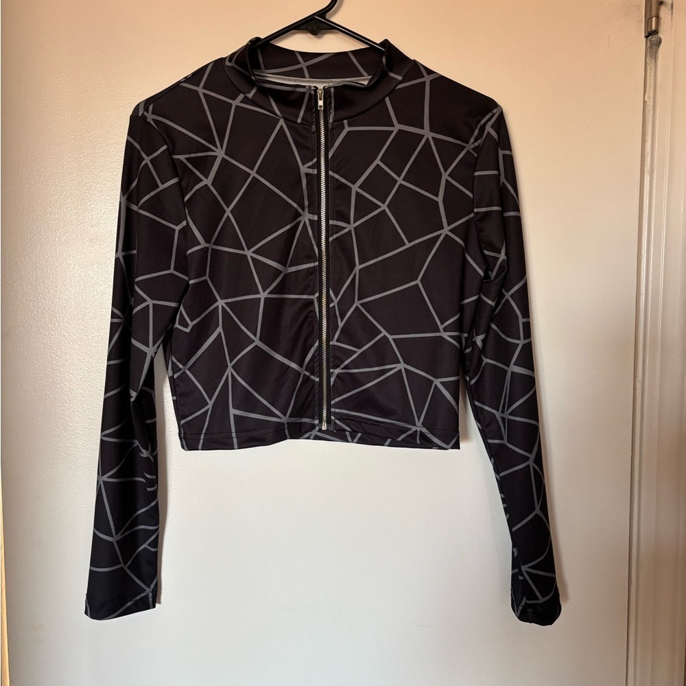 (Cropped jacket) Black Geometric Zip-Up cropped Jacket